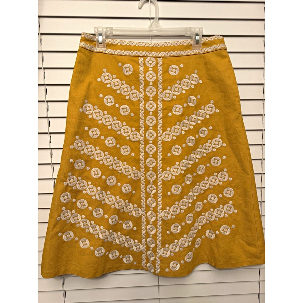 Boden Women's Embroidered Cotton A-Line Knee Skirt Yellow/White 8R Pockets Fall